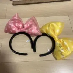 ディズニー　カチューシャ　デカリボン　ミニー　シフォン 黄色 ピンク