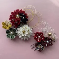 つまみ細工髪飾り　小ぶり　成人式　結婚式　卒業式　七五三　袴　和装　振袖　赤系