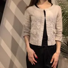 オンワード樫山 短丈ノーカラーリネンジャケット サイズ2 麻100%