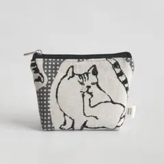 ハンドメイド 猫 チェック柄 濃グレー ミニポーチ