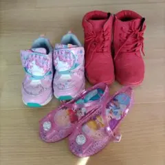 19cm 女の子用靴 3足セット 赤ブーツ 光るスニーカー プリンセス サンダル