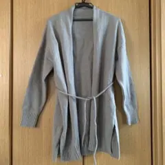 グレー ロングカーディガン ウエストリボン付き
