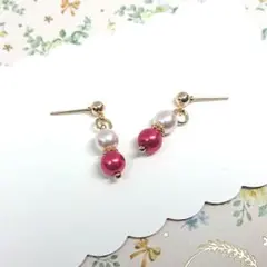 No.675☆2連パール（レッド系） ピアス イヤリング マスクチャーム