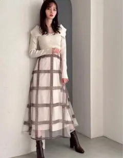 GRL フレアスカート チュール刺繍チェックフレアスカート