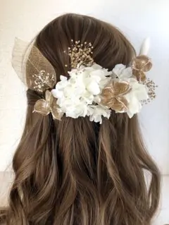 PG ゴールド　髪飾り　成人式　卒業式　結婚式　ドライフラワー　白　袴　ドレス