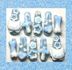 現品 ネイルチップ 水色 猫 十字 ハート 天使 量産 地雷 サブカル ゴテゴテ