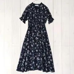 美品 アーペーセーアンフェイス M ロング ワンピース 花柄 ネイビー