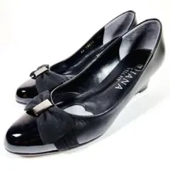 DIANA WELL FIT パンプス リボン ウェッジソール 異素材 黒 22