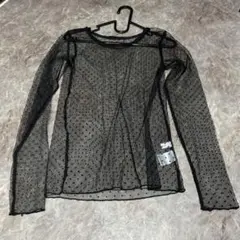 黒 シースルー ドット柄 長袖シャツ　ドットチュール