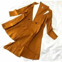 リネン100% レディース ロングコート 服/韓国 秋 春 M 長袖 オレンジ