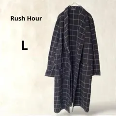 RushHour 長袖ロングカーディガン　L　チェック柄　ブラック系　コットン
