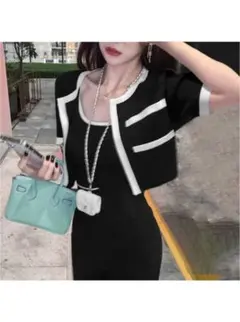 カーディガン×ミニワンピース配色ニットセットアップ