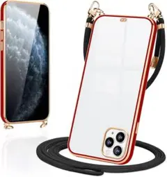 iPhone11 Pro Max ケース ショルダー クリア シリコン(レッド)