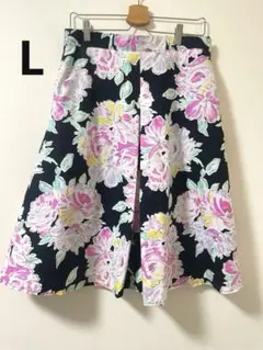 【ヴィンテージ】華やか花柄 ミモレ丈フレアスカート 3Lサイズ　裏地左ファスナーのサムネイル