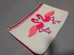 セレクトショップインポート♪フラミンゴのビジューポーチ刺繍ポーチピンクホワイト