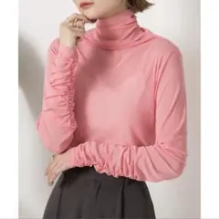 長袖シアーシャツ　ギャザー　ハイネックシアートップス　ピンク