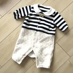 ストライプロンパース（ネイビー・ホワイト） 50 60 裏起毛 ベビー