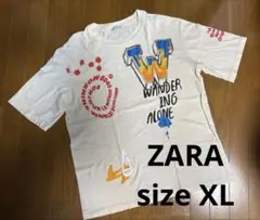 ZARA ザラ メンズ グラフィックプリントTシャツ白ホワイトアイボリーXL44