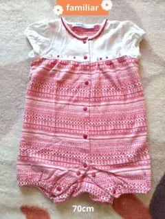 familiar ピンク・赤柄 半袖前開きベビーロンパース 70