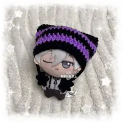 編み物 ちびぐるみ ぬい服 猫耳ニット帽 ブラック×パープルのサムネイル