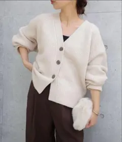 片畦編み長袖ニットカーディガン