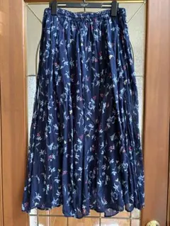 花柄 フレアロングスカート ネイビー