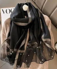 薄手ブラックフォーマル結婚式ドレスストール黒柔らか大判パール付パーティーショール