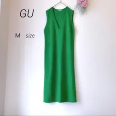 GU Vネック ニット ノースリーブ ワンピース グリーン緑 Ｍサイズ スリット