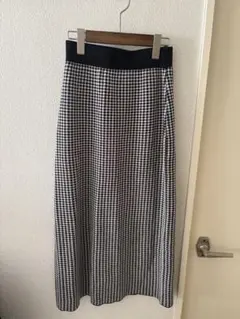千鳥格子柄 ニットロングスカート スリット入り