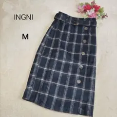 【INGNIイング】ベルト付き シャギーチェックナロースカート ネイビー Ｍのサムネイル