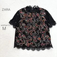 ZARA ザラ レースカットソー 半袖 刺繍 ミニT 美品【M】綺麗め ジップ