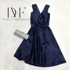 DVF ネイビー リボン フレアワンピース ラップワンピース シルク ０ 紺のサムネイル