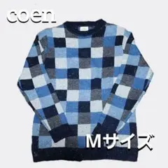 【coen】クレイジークルーネックニット Mサイズ ブルー チェック柄のサムネイル