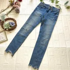 ZARA ザラ ビンテージ風 細身 美脚 デニム ジーンズ フリンジ ダメージ