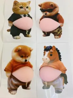 3D猫&柴犬&ポニーお腹ぷにぷにシール 4匹セット スクイーズ もっちり 肉球
