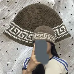 クラッシャーハット 茶 ブラウン ビーニー クロシェハット ハンドメイド帽子