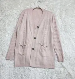 レディースピンク カーディガンリブ編みポケット付き