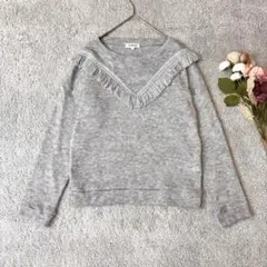 デュカ　フリンジ付き長袖ニット 薄手　F グレー ラウンドネック　プルオーバー