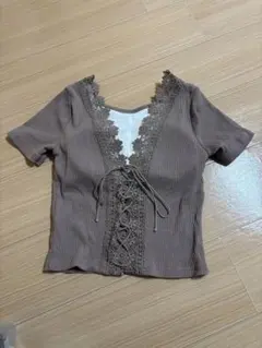 ブラウン レース　半袖Tシャツ　背中開き　トップス　露出　パッド付きティーシャツ