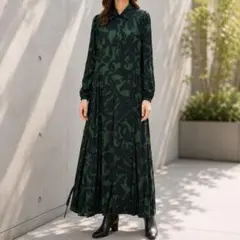 ZARA ザラ【S】総柄長袖マキシ丈ベルテッドワンピース ボタニカル グリーン