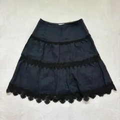 n034 レストローズ ティアードスカート 花柄レース 黒 リネン フレア 膝下のサムネイル