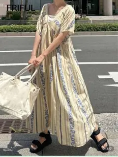 シーイン　FRIFUL 花柄ストライプ Vネック　チュニック　ワンピース