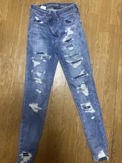 ダメージ加工 スキニーデニム ライトブルー