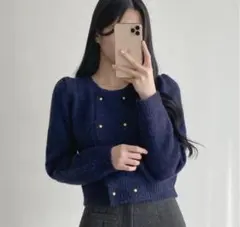 【美品】DHOLIC ウール混ゴールドボタンニットカーディガン