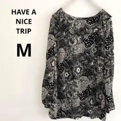 HAVE A NICE TRIP 黒白パターン ペイズリー 透け感 フリル襟 M