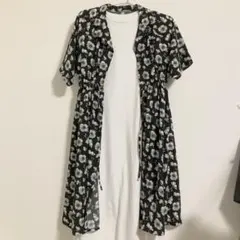 ワンピース 花柄 半袖 夏 オープンカラー シャツ ロング 黒 レトロ 膝丈