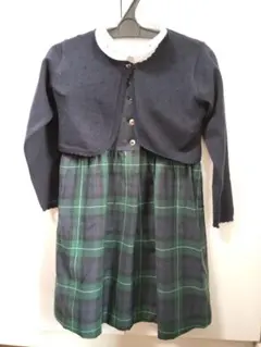 紺と緑のチェックワンピース、白ブラウス、紺カーディガンの3点（卒園式や入学式に）