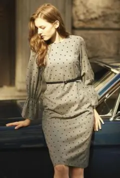 美品　ジルスチュアート　グレードット柄 長袖ワンピース ベルト付き