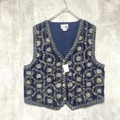 ヴィンテージ　古着　刺繍ノースリーブベスト ネイビーレディースXL大きめ