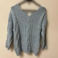 ライトブルー ケーブルニットセーター Vネック 長袖